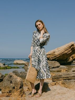 Printed Blue and Gray Midi Dress with Waist Tie